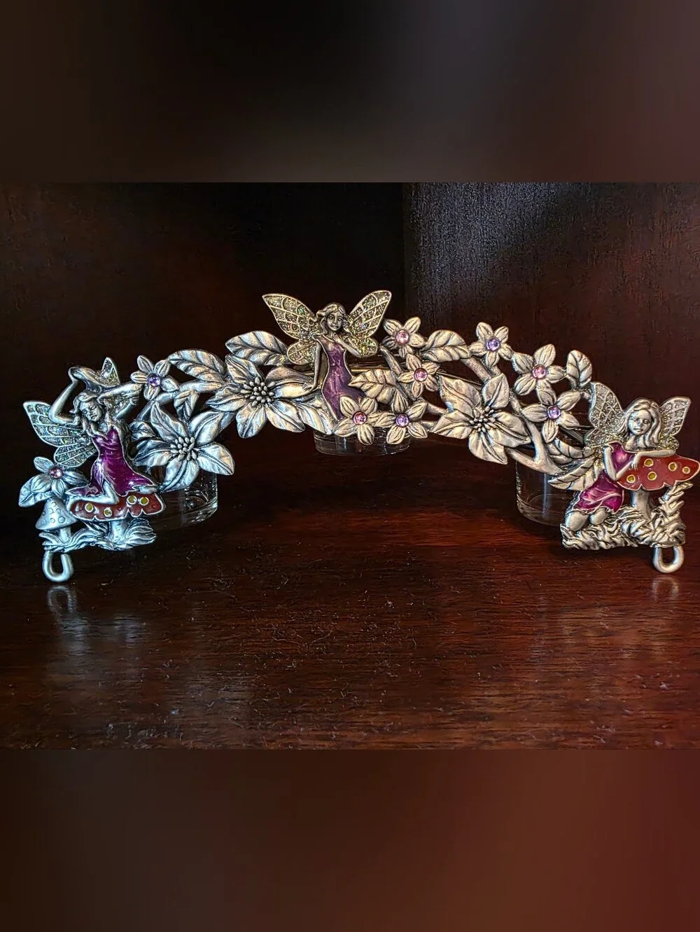 Vintage Westland Fairy Jeweled Pewter Floral Triple Votive Tealight Holder